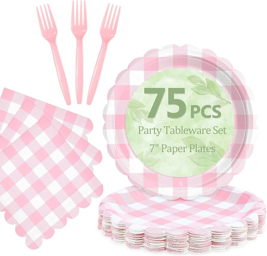 Mulbozy 75 Pink Gingham Plates and Napkins Disposable Set Includes Dessert Cake Scalloped Plates,... | Amazon (US)
