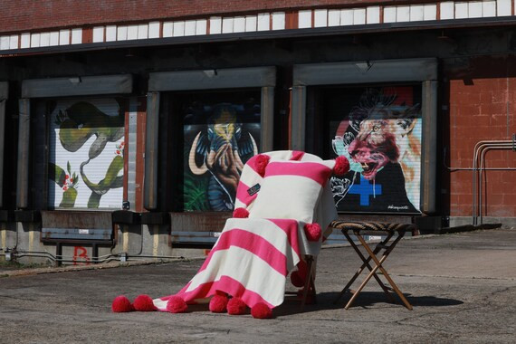 Cotton knit Throw / Decorative Pom Pom Knit Throw /Soft Cotton Fringe / Cozy Decorative / Pink Kn... | Etsy (US)