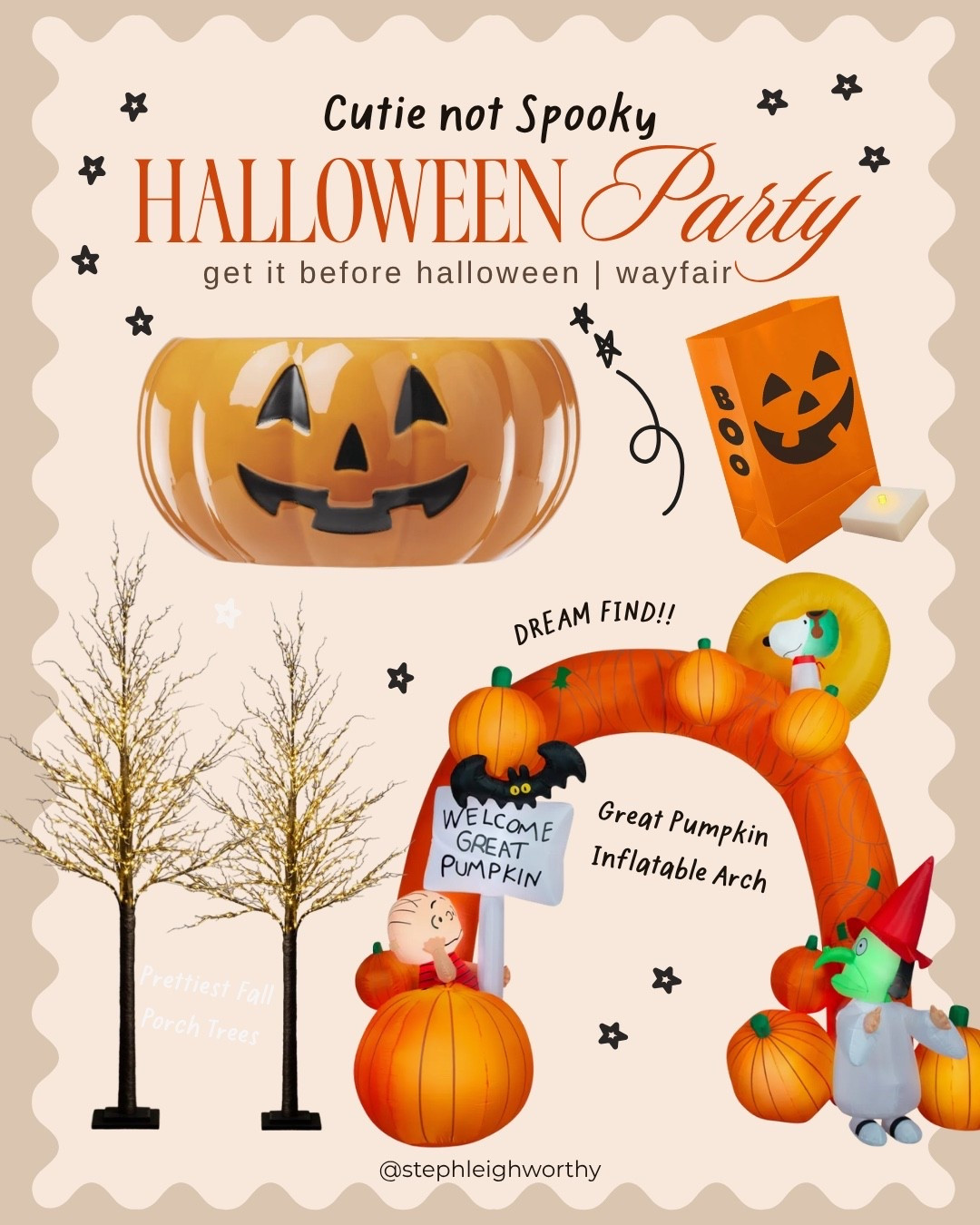 #ad #WayfairPartner DREAM Halloween party set up!! Who needs spooky when you can get a cutie, perfectly nostalgic entrance like this?! 🎃 Love that these twinkle trees can be used for Fall AND Christmas! This pumpkin bowl is EXACTLY what you want for a classic Halloween candy bowl, the luminaries are a plastic so they’re amazing for outside & to reuse next year. But my favorite - THIS PEANUTS ARCH, the inflatable of my dreams! 🤩