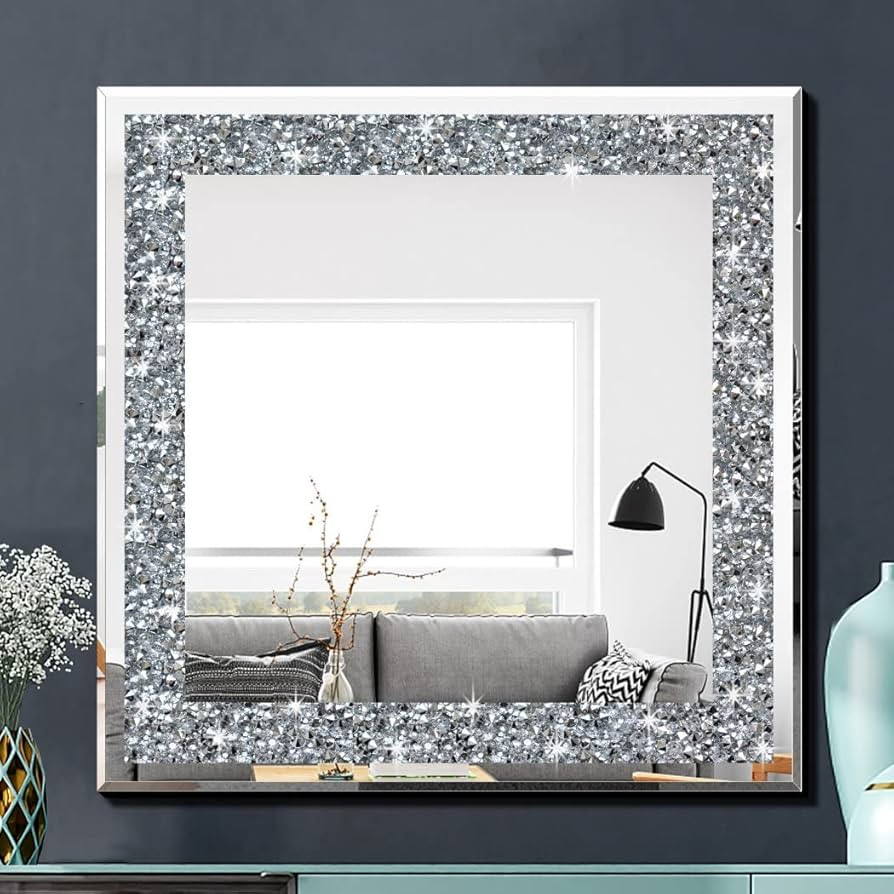 Crystal Crush Diamond Square Silver Mirror for Wall Decoration 23.5x23.5x1 inch Wall Hang Frame L... | Amazon (US)