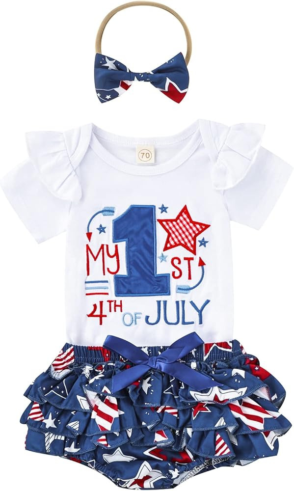 Sunwittafy Baby Girl My 1st 4th of July Outfits Short Sleeve Embroidery Romper Ruffle Stripe Star... | Amazon (US)