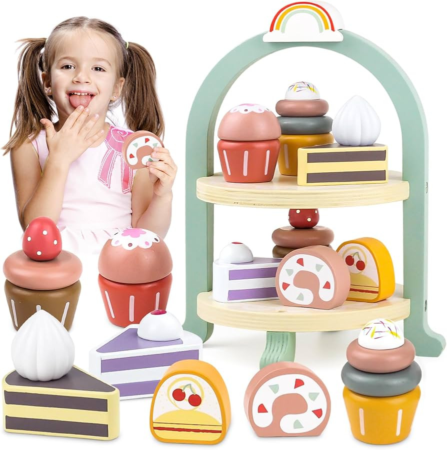 Wooden Cake Toys Tea Party Set, Desserts Food Toy with Cupcake Stand, Kids Pretend Play Kitchen A... | Amazon (US)