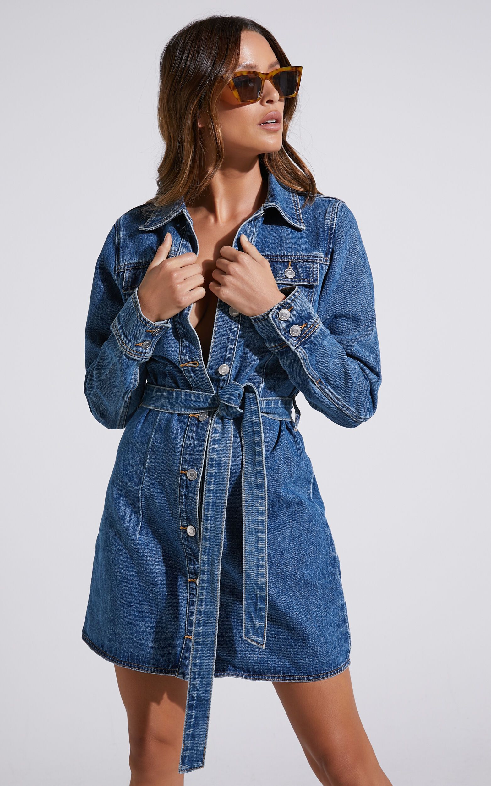 Enriquetta Mini Dress - Recycled Cotton Denim Long Sleeve Button Up Dress in Blue | Showpo (US, UK & Europe)