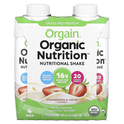 Orgain, Organic Nutrition, Nutritional Shake, Strawberries & Cream, 4 Pack, 11 fl oz (330 ml) Each | iHerb