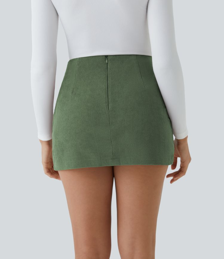 Women’s High Waisted Invisible Zipper 2-in-1 A Line Mini Corduroy Casual Skirt - Halara | HALARA