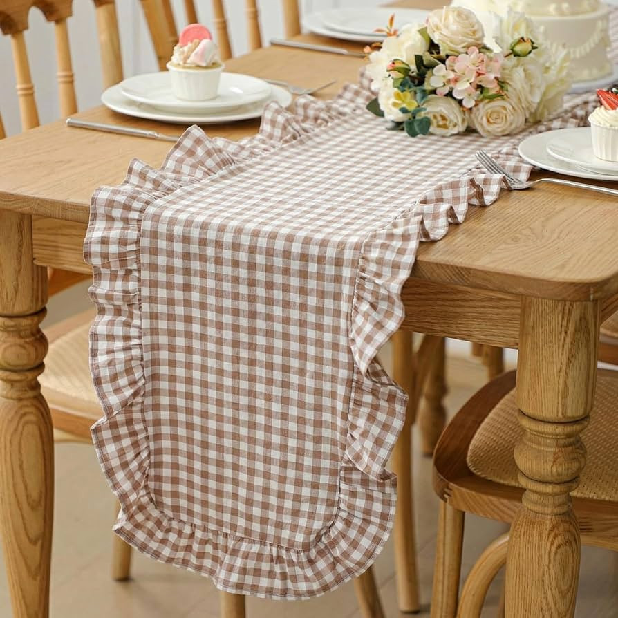Taupe Gingham Ruffled Table Runner 72 Inches Long Scalloped Table Runner Rustic Cotton Tabletop F... | Amazon (US)