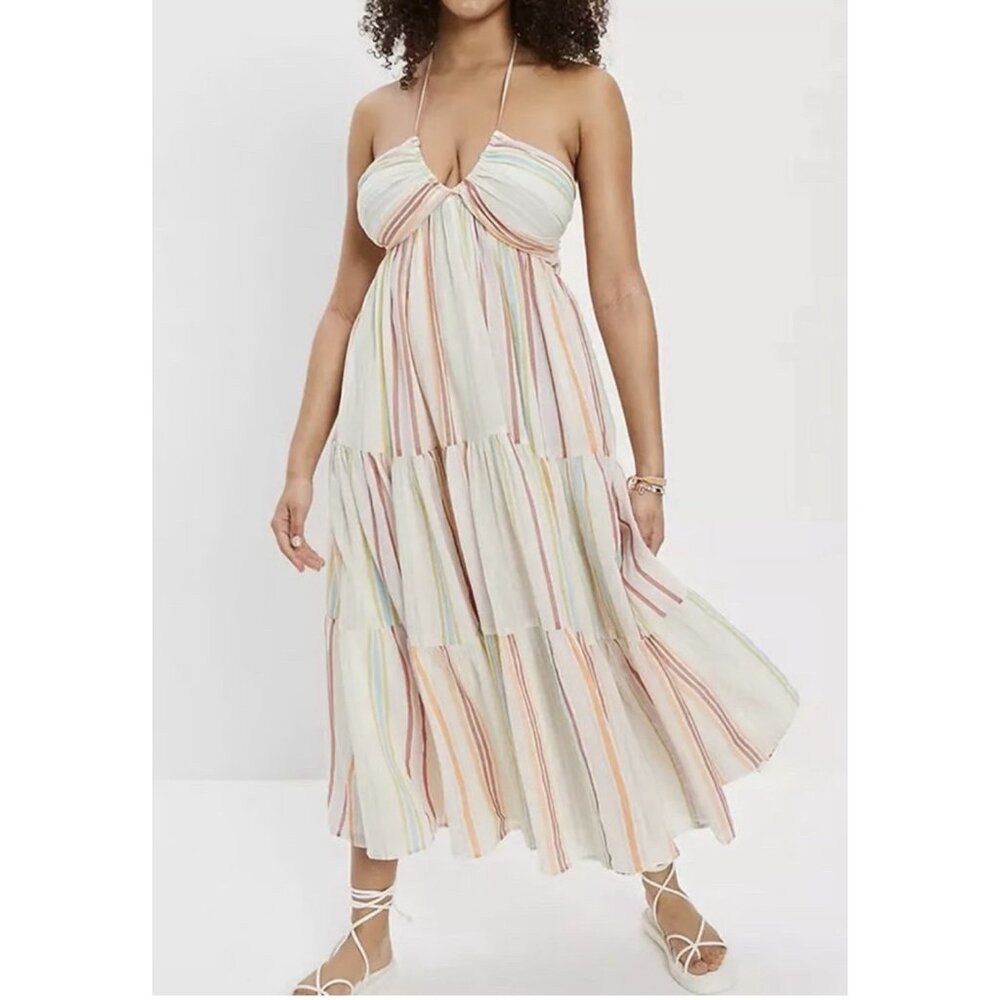 American Eagle Halter Midi Dress Medium Gauze Tie Open Back Striped Beachy Boho | Poshmark