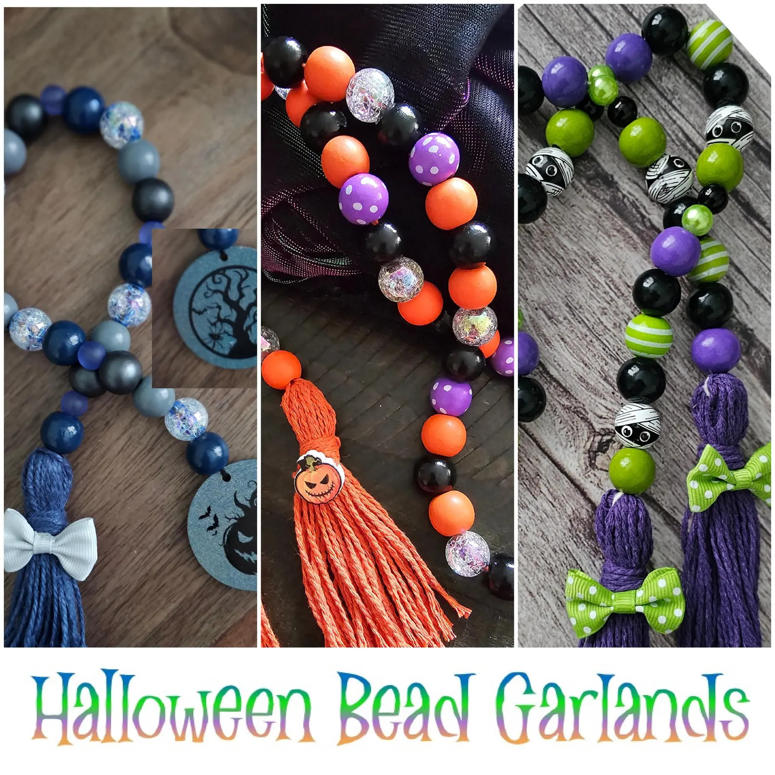 Halloween Bead Garlands | Holiday | Tiered Tray, Mantle, Table Deco | Mummy | Pumpkin | Dk Blue |... | Etsy (US)