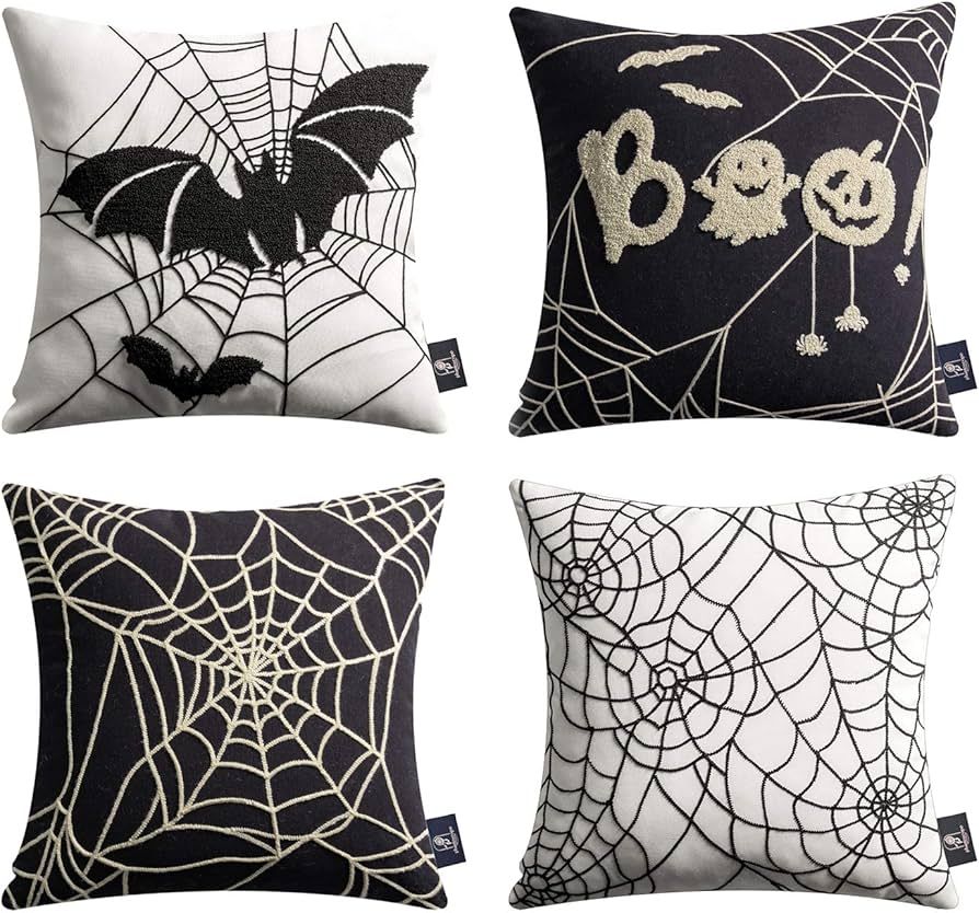 Phantoscope Set of 4 Happy Halloween Decorative Throw Pillow Covers, Handcrafted Embroidery Spide... | Amazon (US)