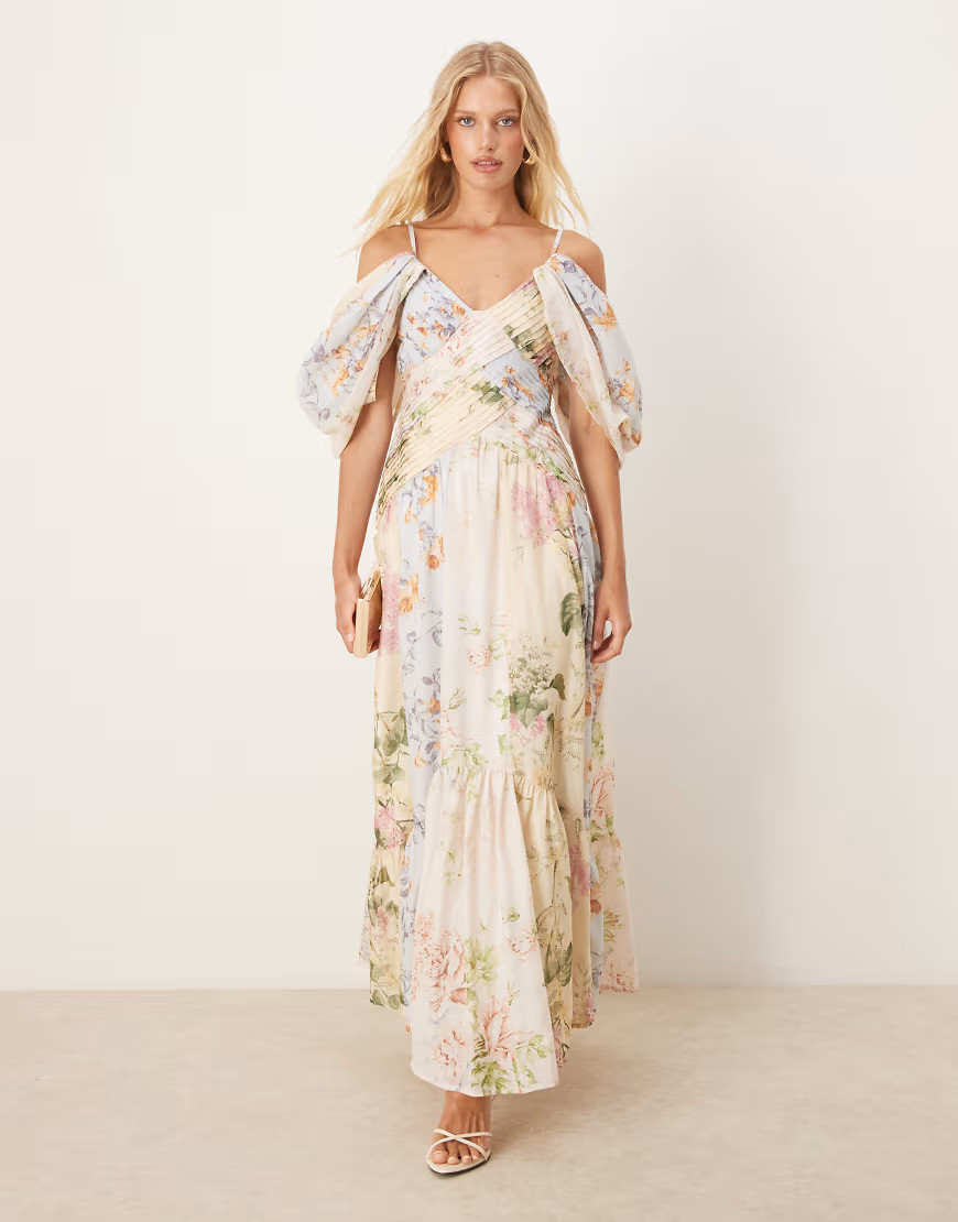ASOS DESIGN pleat bodice maxi dress with full skirt in mixed floral print-Multi | ASOS (Global)