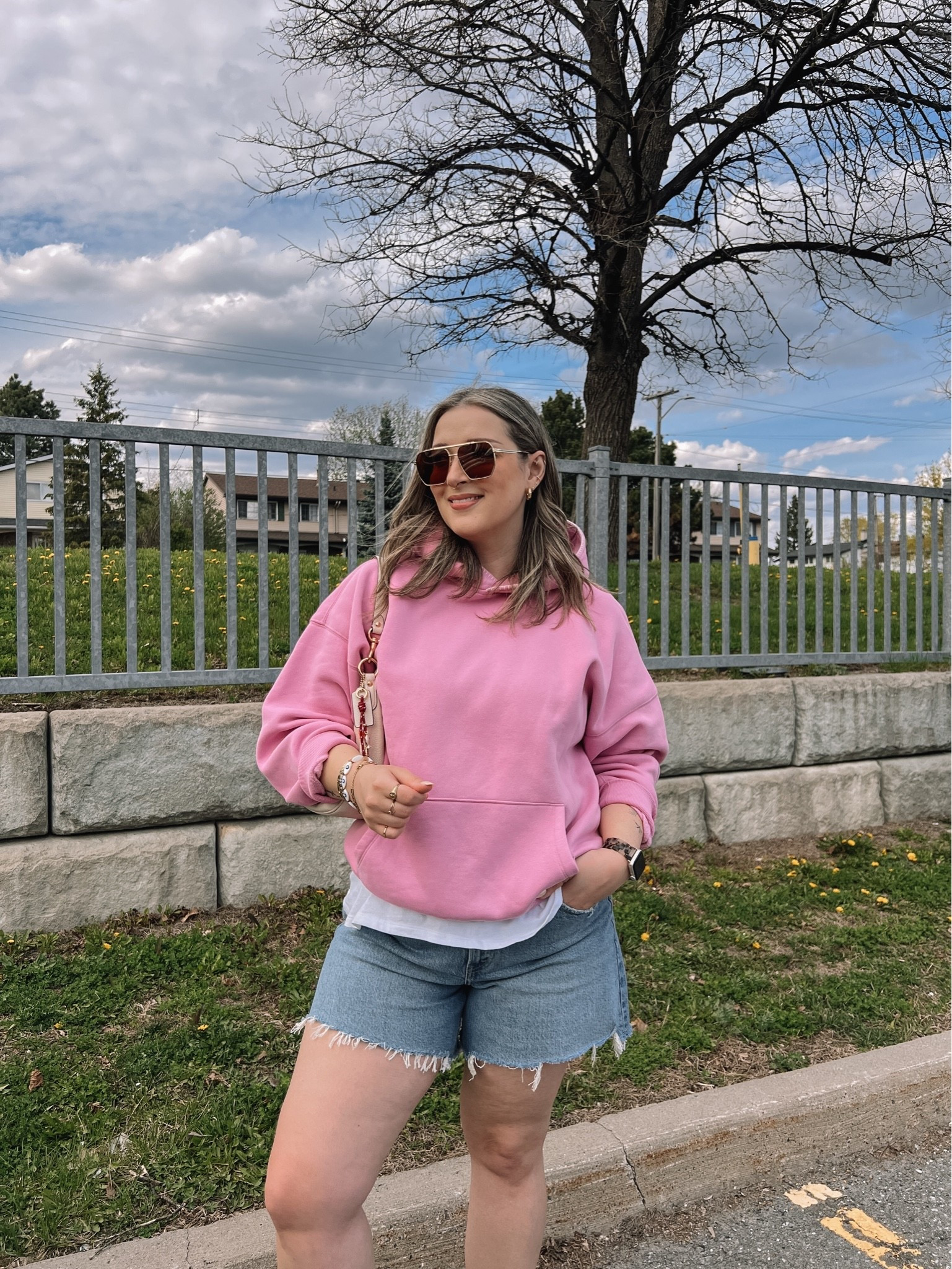 Comfy casual spring outfit! Wearing 32 in the shorts, I recommend sizing up! Also sized up in the pink hoodie for an oversized fit.

#LTKsummer #LTKmidsize #LTKstyletip