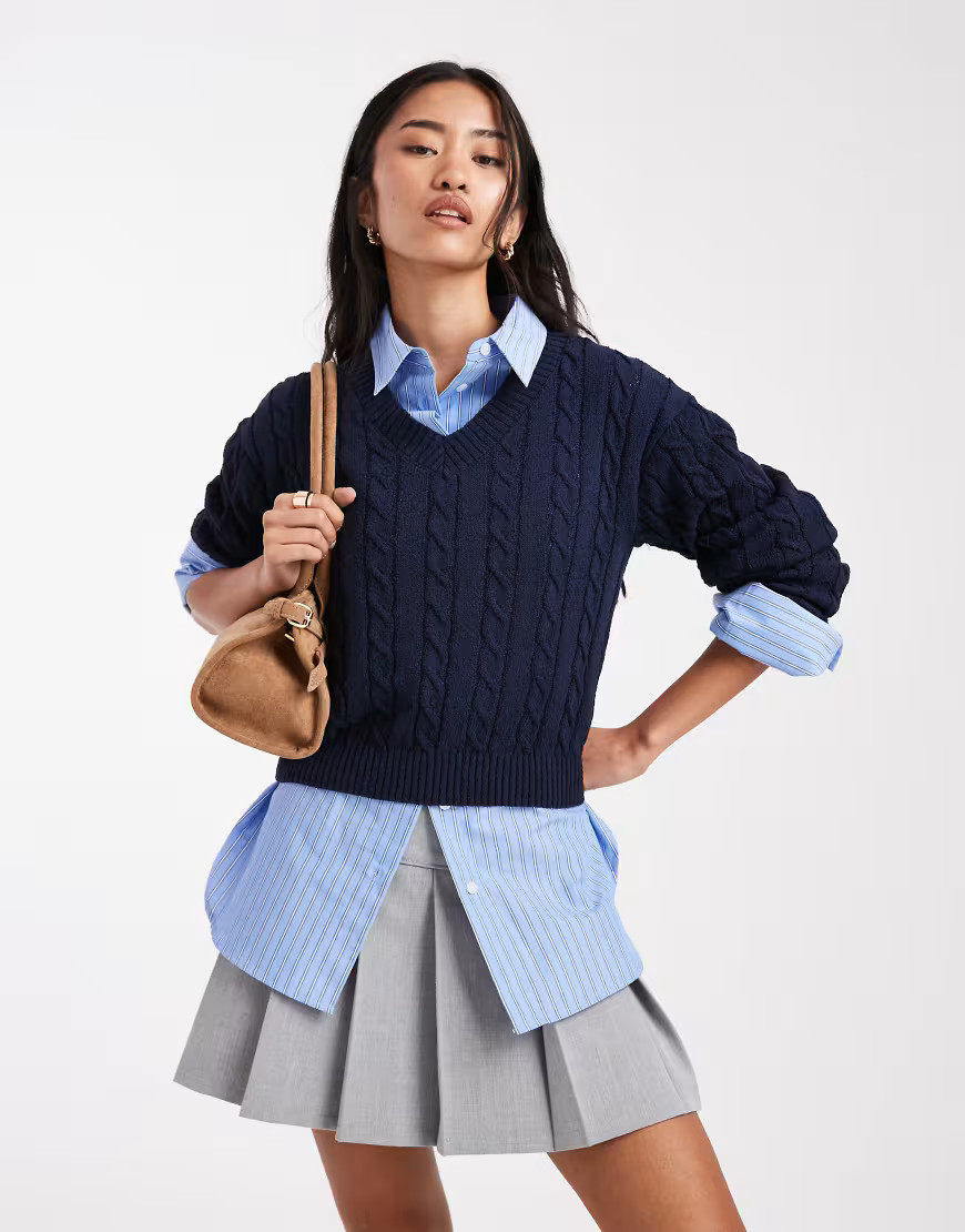 Cotton On v neck cotton cropped cable knit pullover sweater in moonlit indigo-Navy | ASOS (Global)