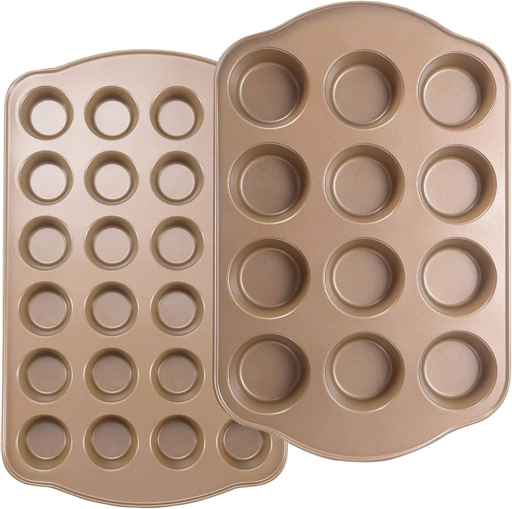 Nonstick Muffin Pan, Mini Cupcake Pan Set, Muffin Tins for Baking, 2 Pack, 12-Cup and 24-Cup, Gol... | Amazon (US)