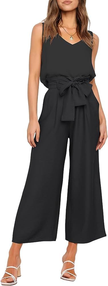 Amazon.com: FANCYINN Womens 2 Piece Crop Pants Set V Neck Tank Wide Strap Tops High Waisted Cropp... | Amazon (US)