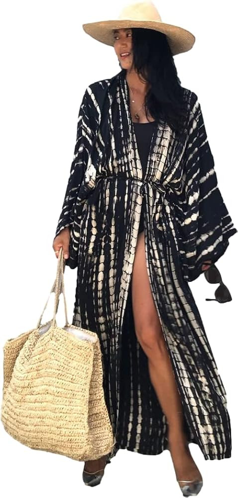 Venasha Swimsuit Coverup Kimono for Women Floral Print Loose Front Open Duster With Belt | Amazon (US)