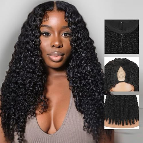 CHEETAHBEAUTY Burmese Curly V Part Wig Human Hair With Spiral Curls End 22 Inch Upgrade Glueless U Part Wigs 180% Density Full Head Clip In Half Wig With Drawstring For Black Women #1B Natural Color | Amazon (US)