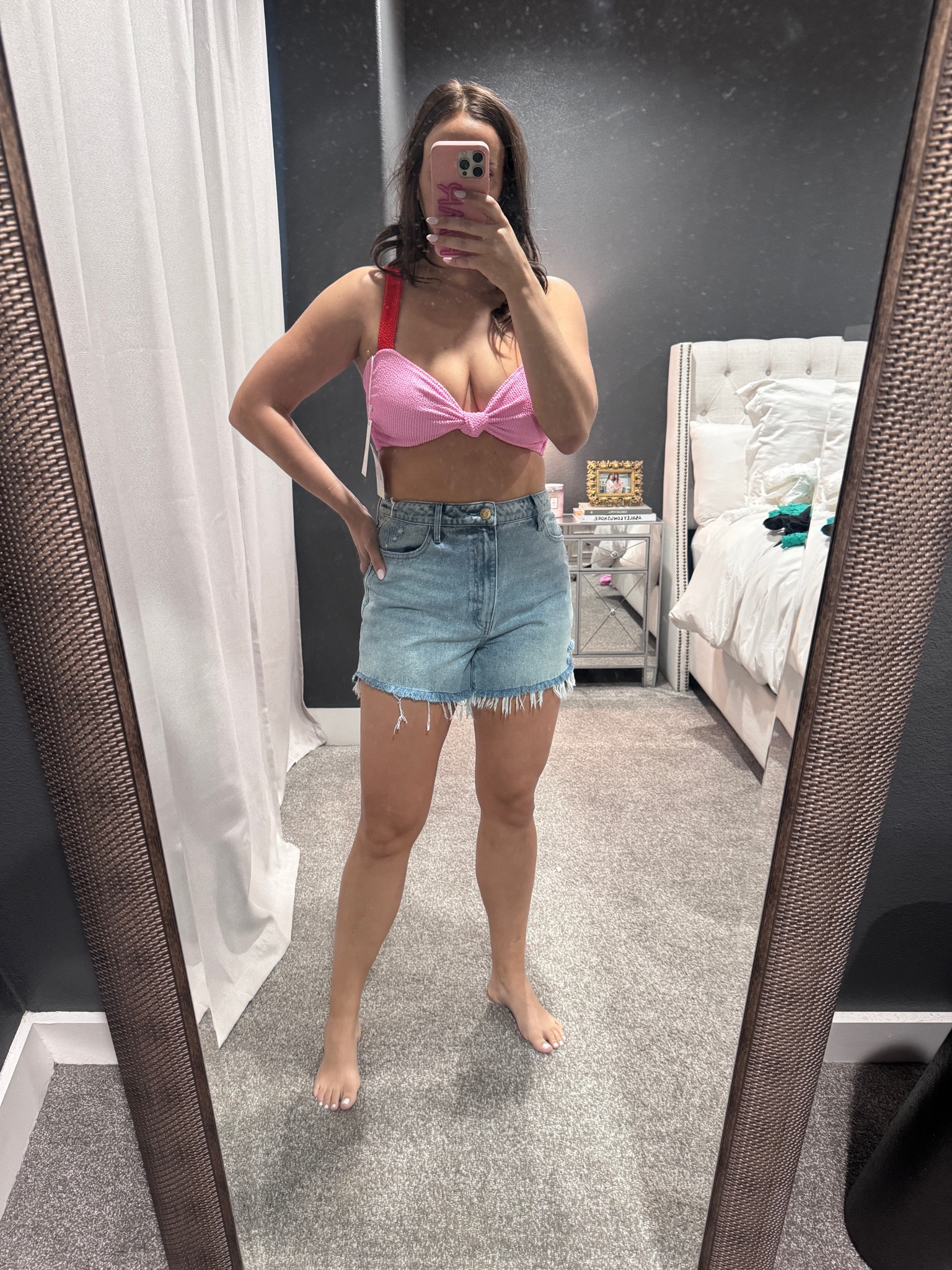 Show me your Mumu. Scrunch swim. Bikini. Size 8 fashion. Size 10 fashion. Midsize fashion. Beach trip. Vacation. Denim shorts  

#LTKmidsize #LTKswim #LTKtravel