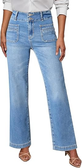 Sidefeel Women's Wide Leg Jeans High Waisted Tummy Control Stretchy Pockets Front Straight Leg Je... | Amazon (US)