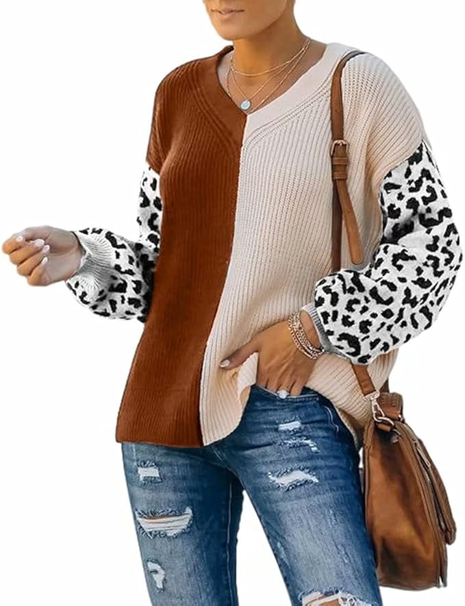 SUPRELOOK Women's Long Sleeve V Neck Color Block Pullover Sweater Casual Loose Leopard Knitted Ju... | Amazon (US)