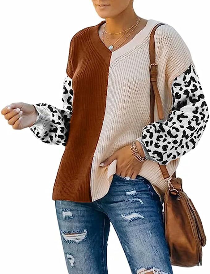 SUPRELOOK Women's Long Sleeve V Neck Color Block Pullover Sweater Casual Loose Leopard Knitted Ju... | Amazon (US)