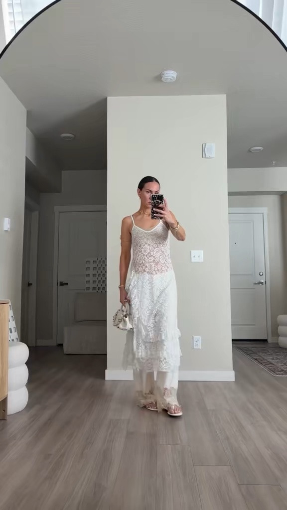 Tagging everything exact 
Size small

Maxi lace top
Lace dress
Satin pants with lace
Revolve pants
White sandals