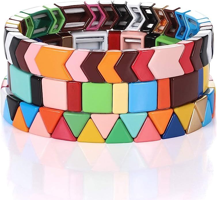 YAHPERN Tile Bracelet Set Enamel Rainbow Tile Tila Bead Bracelets Arrow Square Triangle Colorbloc... | Amazon (US)