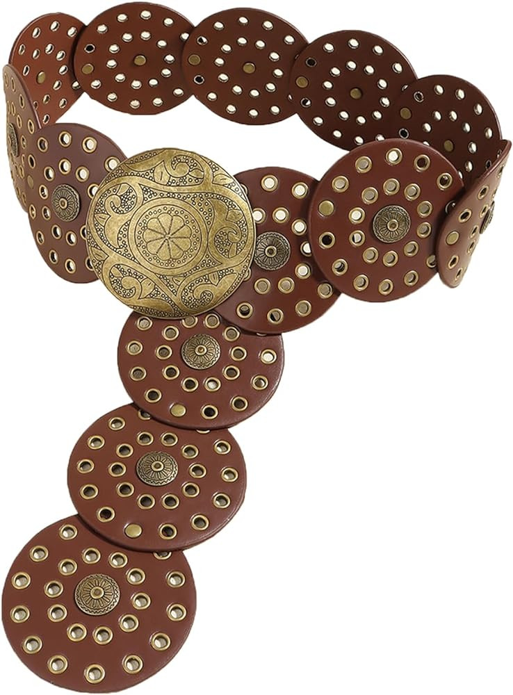 Women Wide Boho Disc Leather Belt Vintage Western Chunky Oval Concho Belt Y2k Grunge Accessories | Amazon (US)