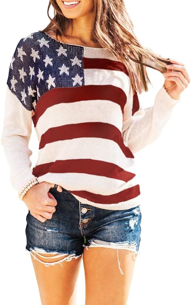 BRUBOBO Womens Color Block Pullover Sweaters Striped Long Sleeve American Flag Graphic Knit Sweater | Amazon (US)