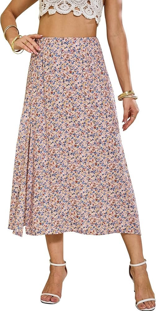 NENONA Womens 2024 Summer High Waisted Flowy Slit Midi Skirts Casual Lightweight Boho Floral Beac... | Amazon (US)