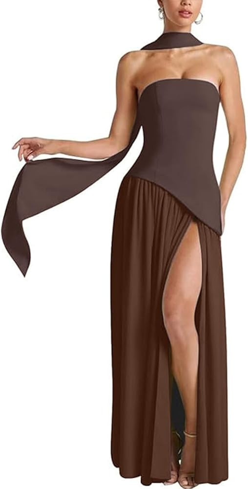 ABINGOO Women Strapless Patchwork Maxi Dress Sexy High Slit Tube Top Party Club with Scarf Long P... | Amazon (US)