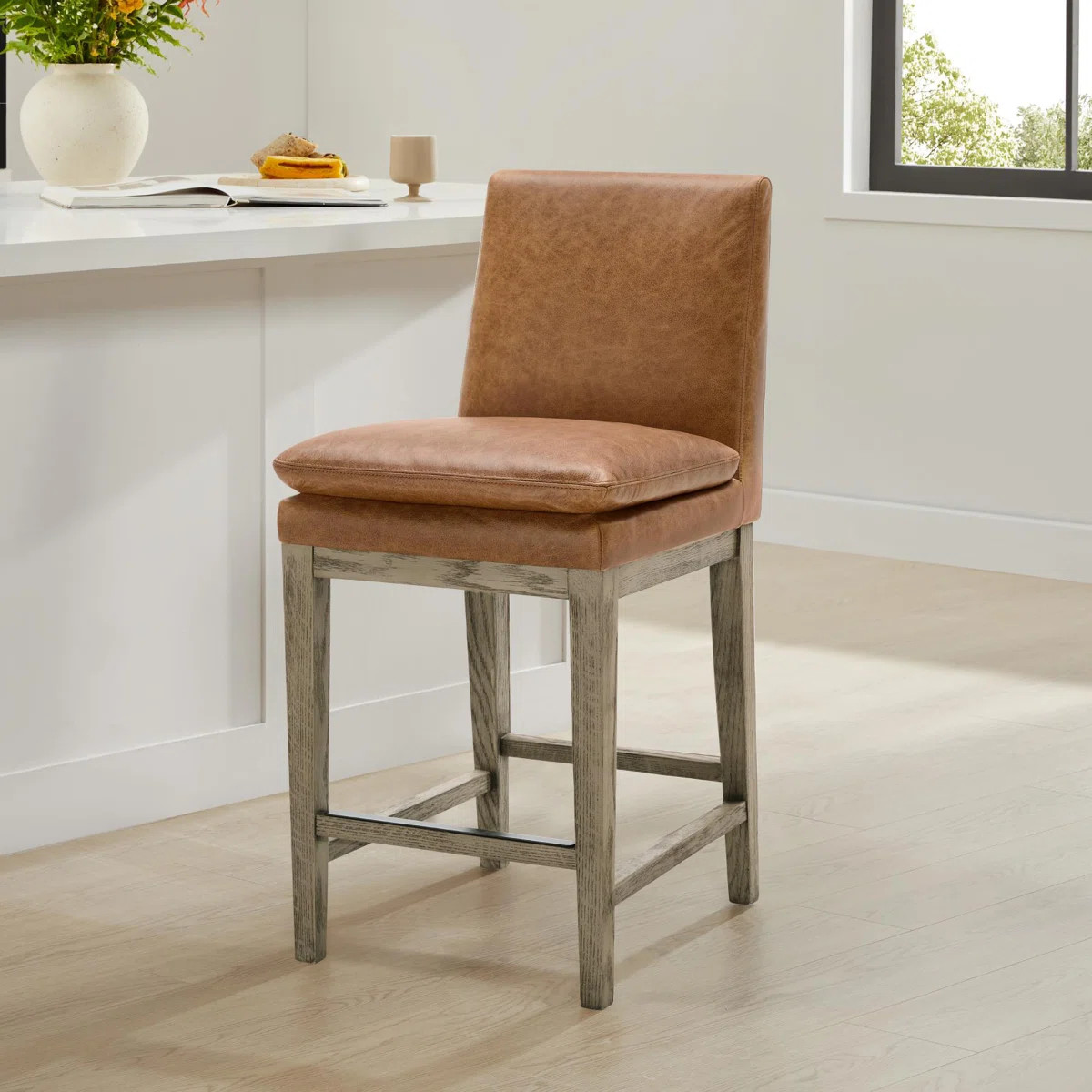 Bethea Genuine Leather Upholstered Counter Stool | Wayfair North America