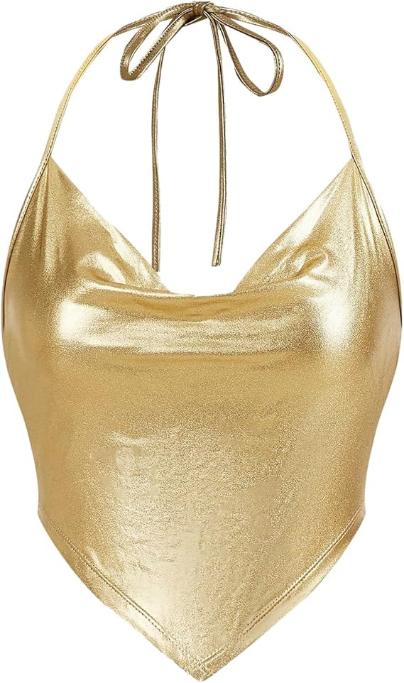 Women's Metallic Draped Front Tank Shiny Halter Top for Dancing, Raves, Festivals, Costumes | Amazon (US)
