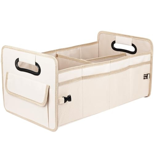 JiatuA Car Trunk Organizer, Car Organizers and Storage Collapsible Multi Compartment Container Box, Adjustable Car Accessories for SUV Sedan Truck, Standard Size, Beige | Amazon (US)