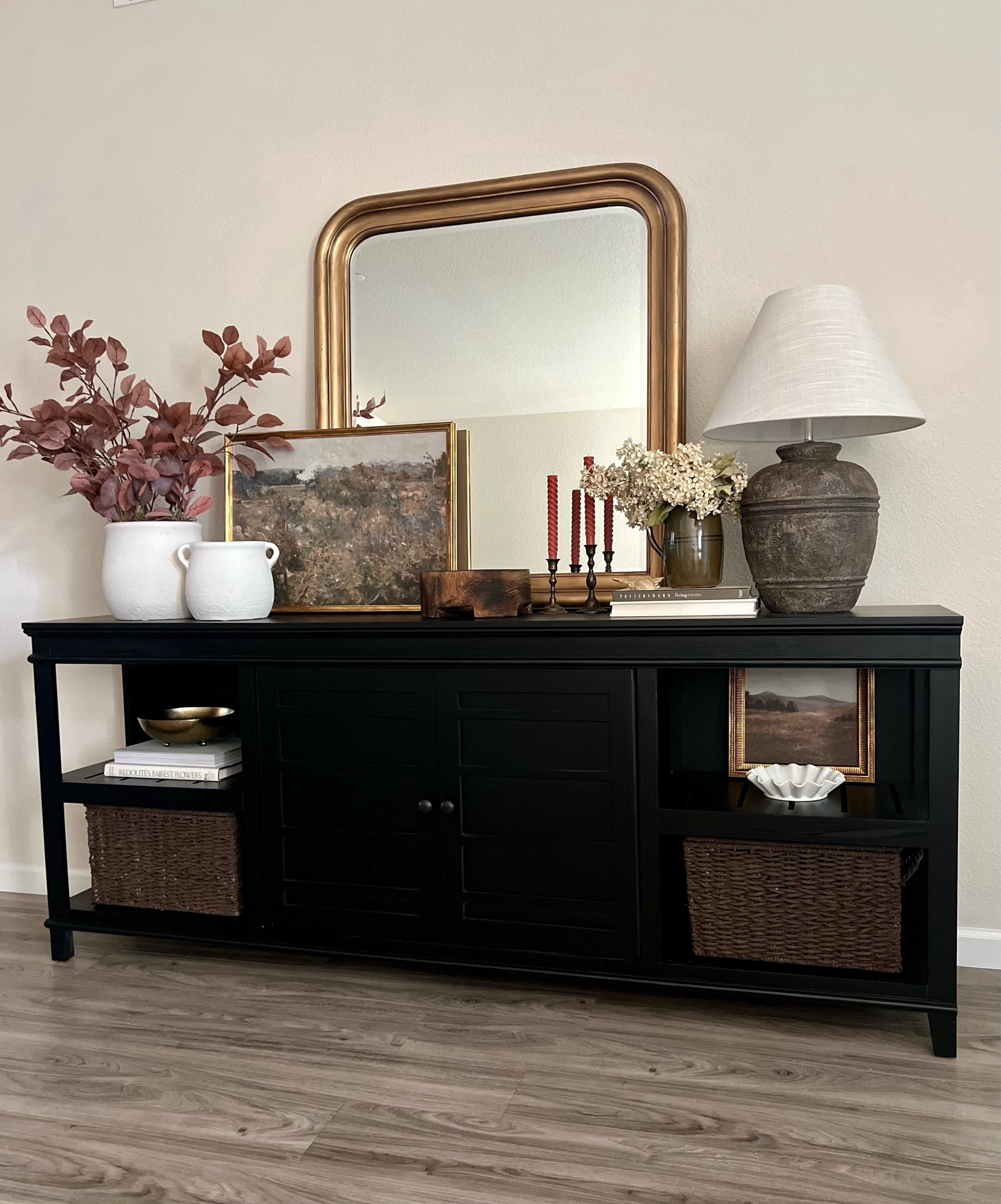 Shop my moody entryway for decorating inspo! Modern organic, modern farmhouse, transitional, table lamp, fall leaves, gold mirror

#LTKSeasonal #LTKstyletip #LTKhome