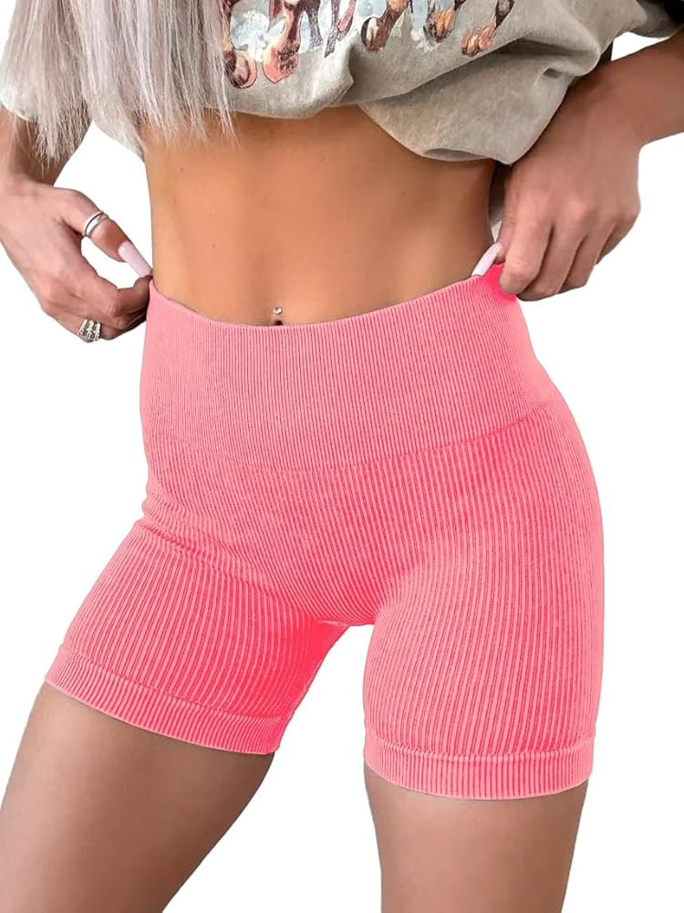 KINLONSAIR Women's High Waist Yoga Workout Impact Shorts Ribbed Seamless Workout Athletic Legging... | Amazon (US)