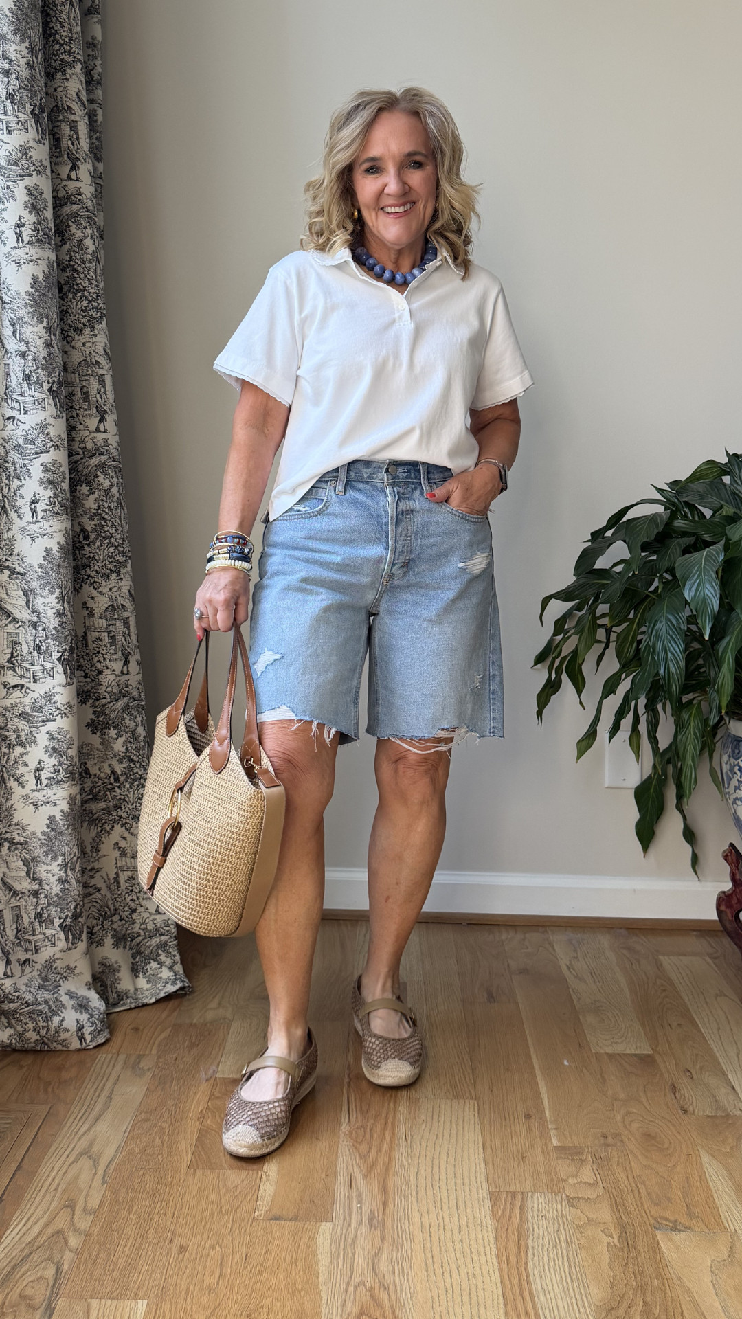 A classic white polo paired with relaxed denim shorts, woven flats, and a straw tote is the kind of outfit you’ll reach for on repeat. Comfortable, effortless, and perfect for everyday summer plans 🫶🏻 

 #LTKootd #LTKOver40 #LTKSaleAlert