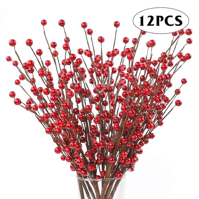 AGEOMET 12 Artificial Red Berry Stems Holly Berries for Christmas Decoration Crafts Holiday Home ... | Amazon (US)