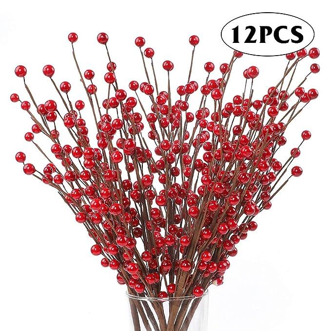 AGEOMET 12 Artificial Red Berry Stems Holly Berries for Christmas Decoration Crafts Holiday Home ... | Amazon (US)