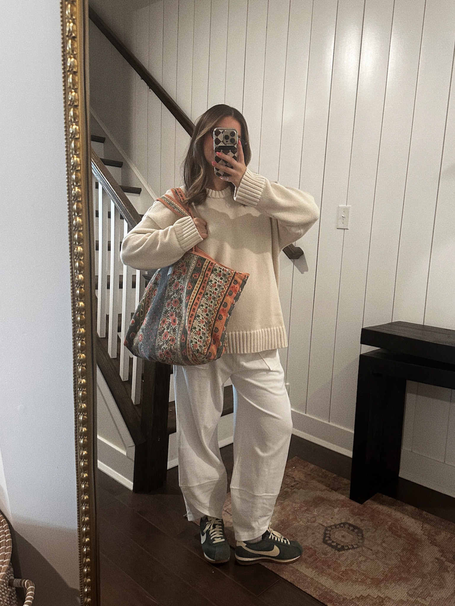 Wearing a large in the sweater and medium in the pants! Shoes run 1/2 size small! 