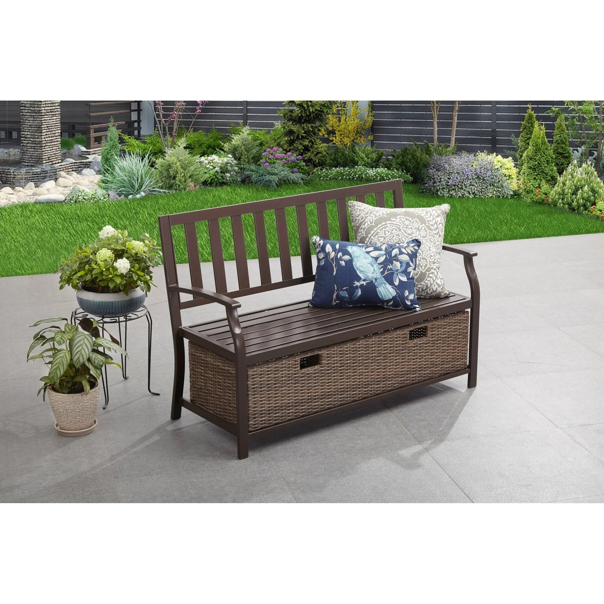 Better Homes & Gardens Camrose Farmhouse Outdoor Bench with Wicker Storage Box | Walmart (US)