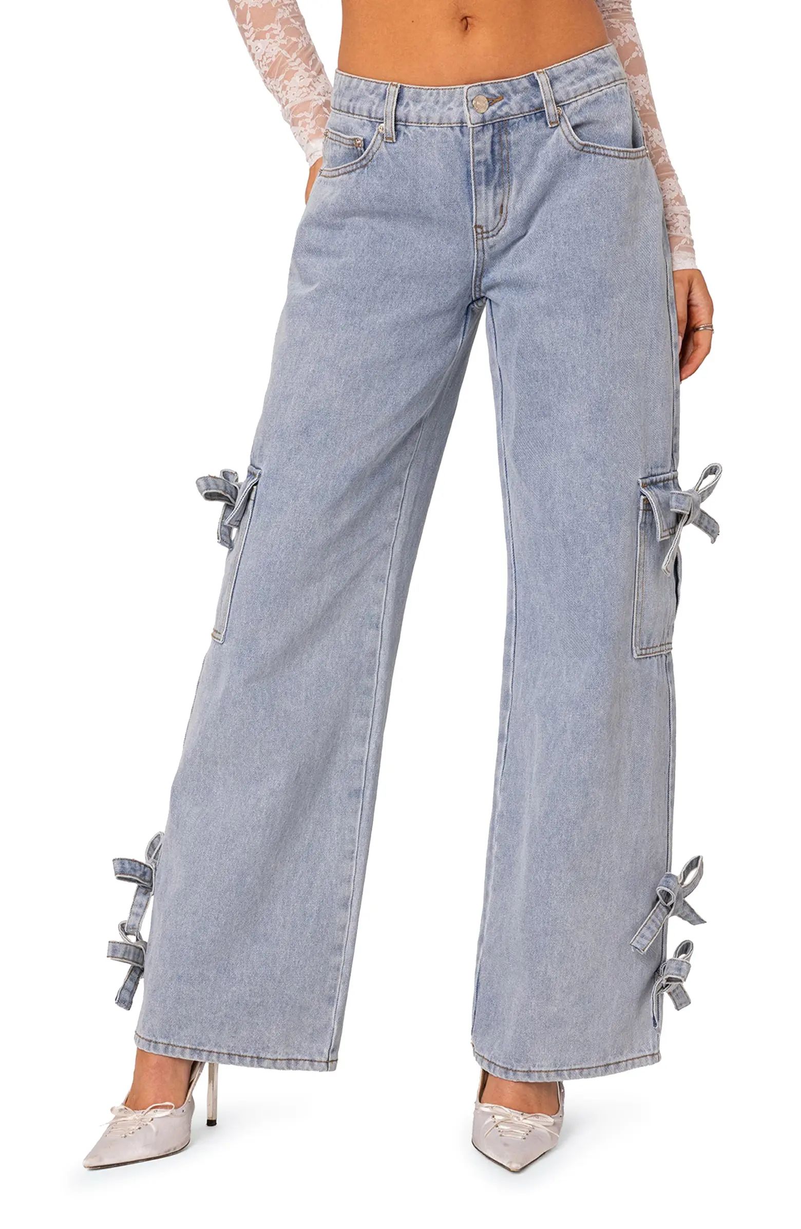 EDIKTED Bows 4 Days Low Rise Wide Leg Cargo Jeans | Nordstrom | Nordstrom