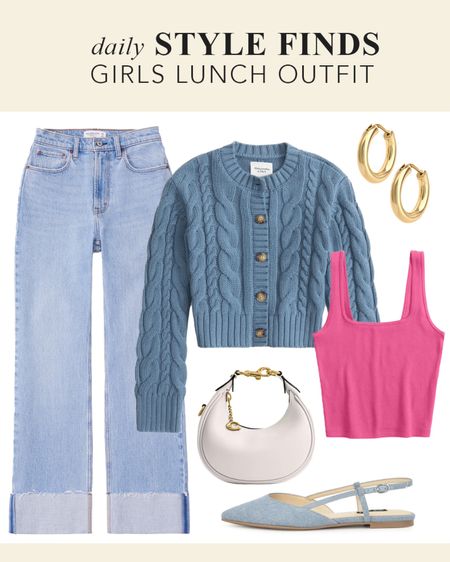 Spring outfit - Girls lunch out - Cable knit cardigan with cuffed wide leg jeans, sling back pointed toe chambray denim heels, gold hoop earrings, pink square neck tank top, white bag #springoutfit Abercrombie & Fitch #outfitideas #dailystylefinds

#LTKfindsunder50 #LTKover40 #LTKshoecrush