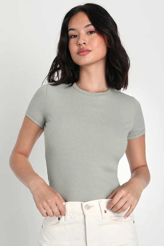Effortless Upgrade Sage Green Ribbed Short Sleeve Top | Lulus