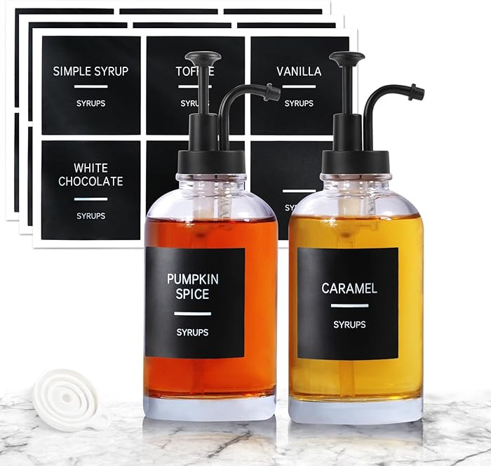 Coffee Syrup Dispenser for Coffee Bar, Set of 2 Simple Glass Syrup Bottle w. Pump and Labels, 16.... | Amazon (US)
