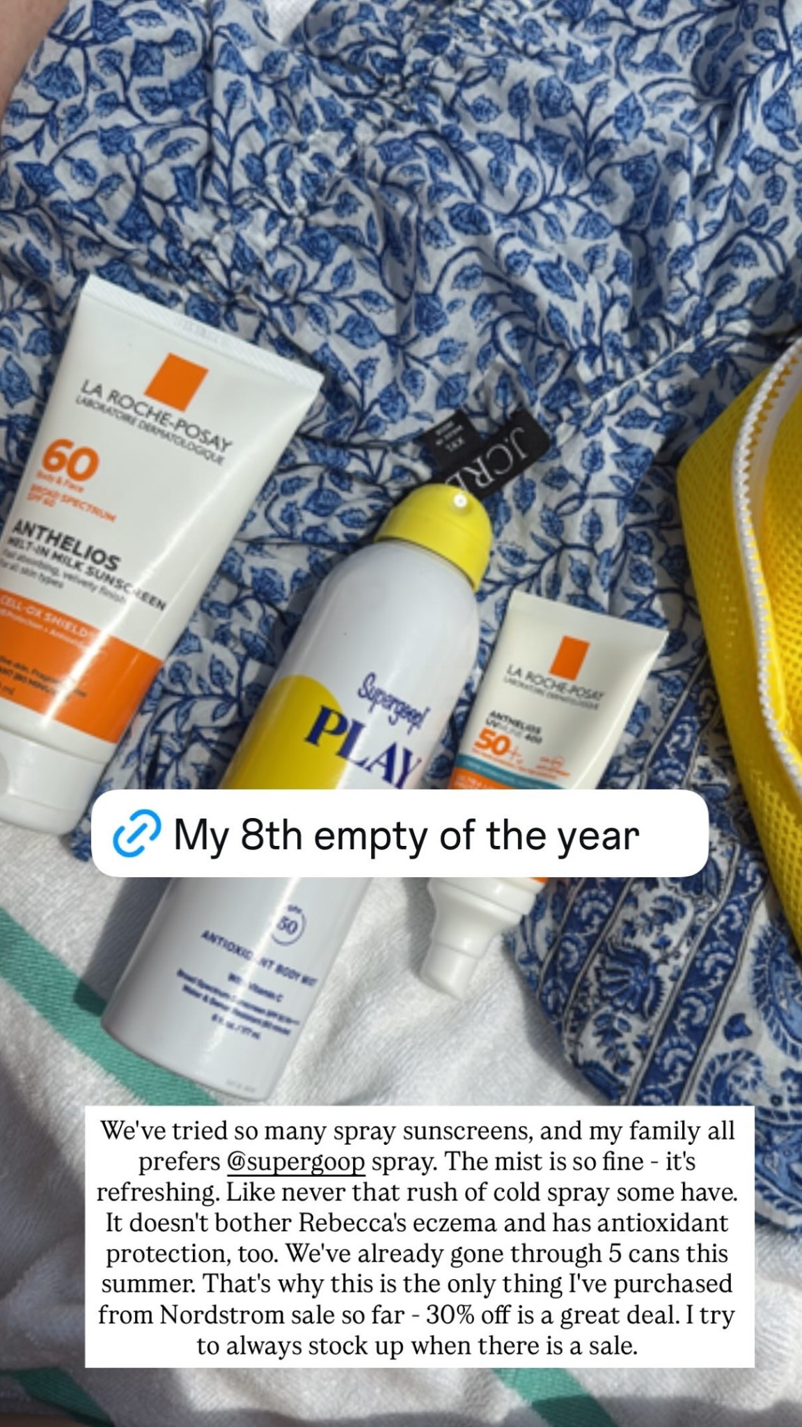 We've tried so many spray sunscreens, and my family all prefers @supergoop spray. The mist is so fine - it's refreshing. Like never that rush of cold spray some have. It doesn't bother Rebecca's eczema and has antioxidant protection, too. We've already gone through 5 cans this summer. That's why this is the only thing I've purchased from Nordstrom sale so far - 30% off is a great deal. I try to always stock up when there is a sale.

#LTKSeasonal #LTKSaleAlert
