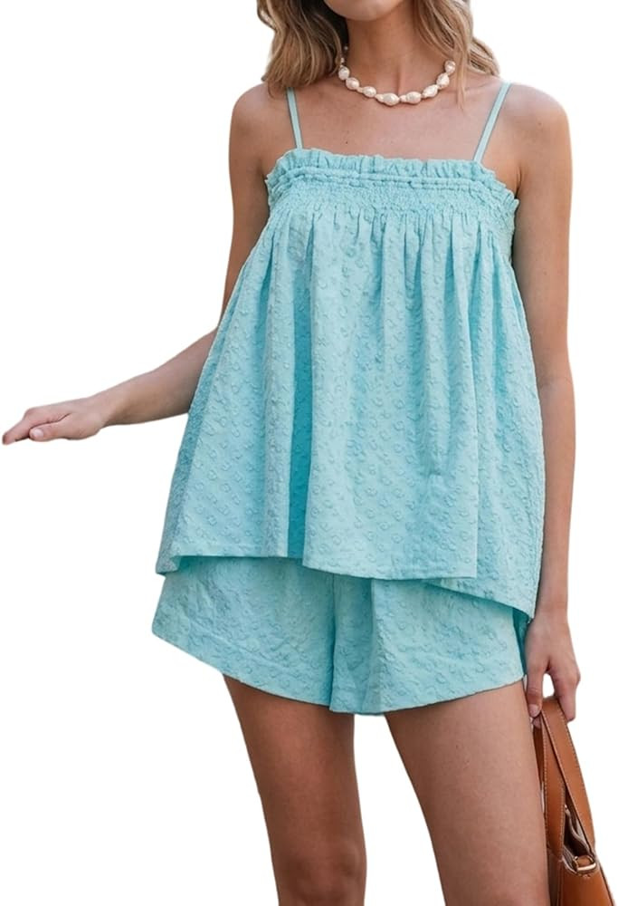 Foidiccx Womens Two Piece Outfits Set Ginham Textured Tank Top Shorts Matching Sets | Amazon (US)