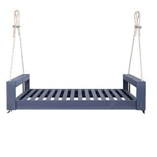 Grey 2-Person Acacia Wood Porch Swing Bed with Armrests and 98 in. Hemp Ropes | The Home Depot