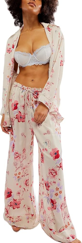 LILTWIST Silk Satin Pajamas Set for Women 2 Piece Floral Pjs Wide Leg Lounge Pants Set Long Sleev... | Amazon (US)