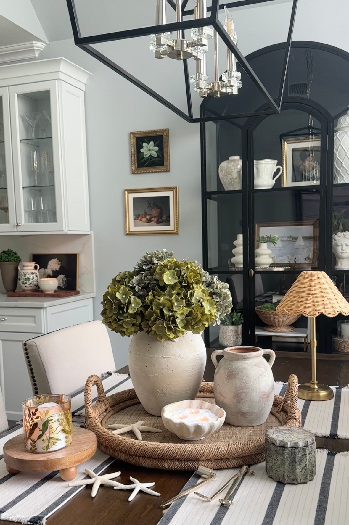 Summer tray styling with favorite neutral textured vases, summer candles, touch light, hydrangeas, artwork, display cabinet, chandelier + more! @Pottery Barn @Crate & Barrel @Target @Wayfair  Amazon home

#LTKdayinmylife #LTKHome #LTKSaleAlert