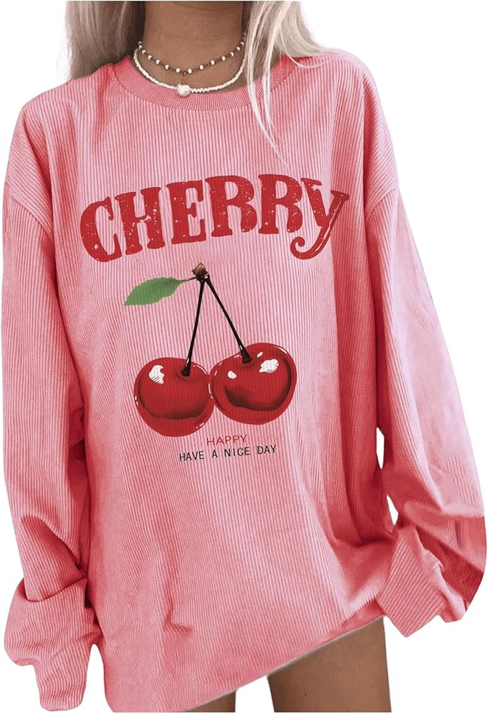 Women's Cherry Graphic Long Sleeve Corduroy Sweatshirt Drop Shoulder Crew Neck Pullover Tops | Amazon (US)